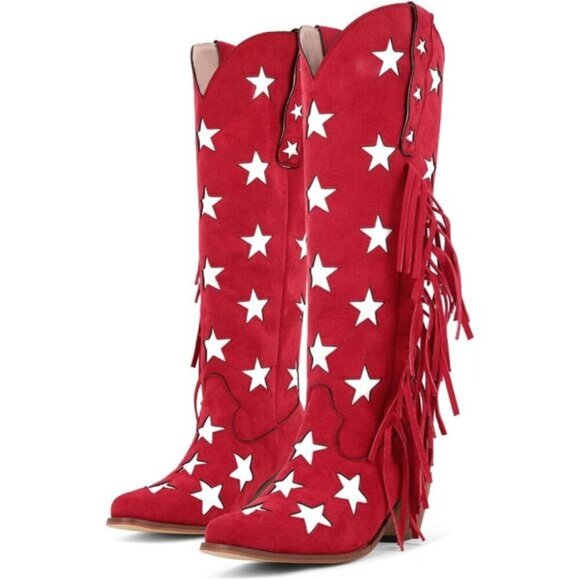 Shoes - Women's Red Cowgirl Faux Suede Stars Block Heels Under the Knee High Boot